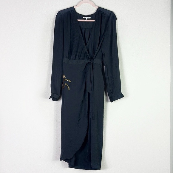 Avec Les Filles Black Satin Wrap Dress with Gold Sequin Horse Details size M - Picture 1 of 10